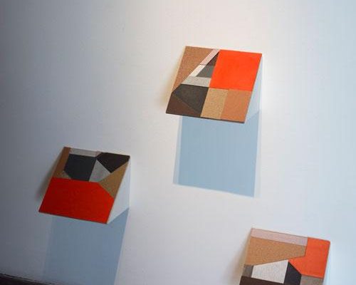 Zack Paul, <em>Information Display #1-3</em>, 2013, Sandpaper, vinyl, and glue on cardboard and wood, 12 x 12 x 12 in. Photo: Wayne McCall