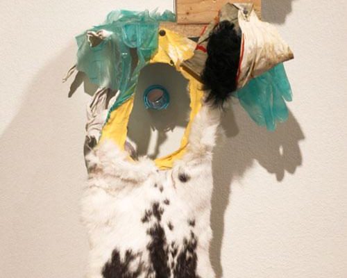 Sommer Roman, <em>Private Logic</em>, 2014, Animal pelt, latex gloves, wood, discarded clothing, pillows, hair roller, mirror, 15 x 31 in., Courtesy the Artist