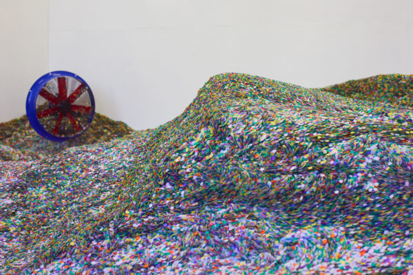 Lara Favaretto, <em>Tutti giù per terra / We all fall down</em>, 2004, 1 ton of confetti joker lux, talcum powder, 4 hermetic stage ventilators, Installation dimensions variable, Museum of Contemporary Art Santa Barbara, 2019, Courtesy MCASB, Photo: Alex Blair.